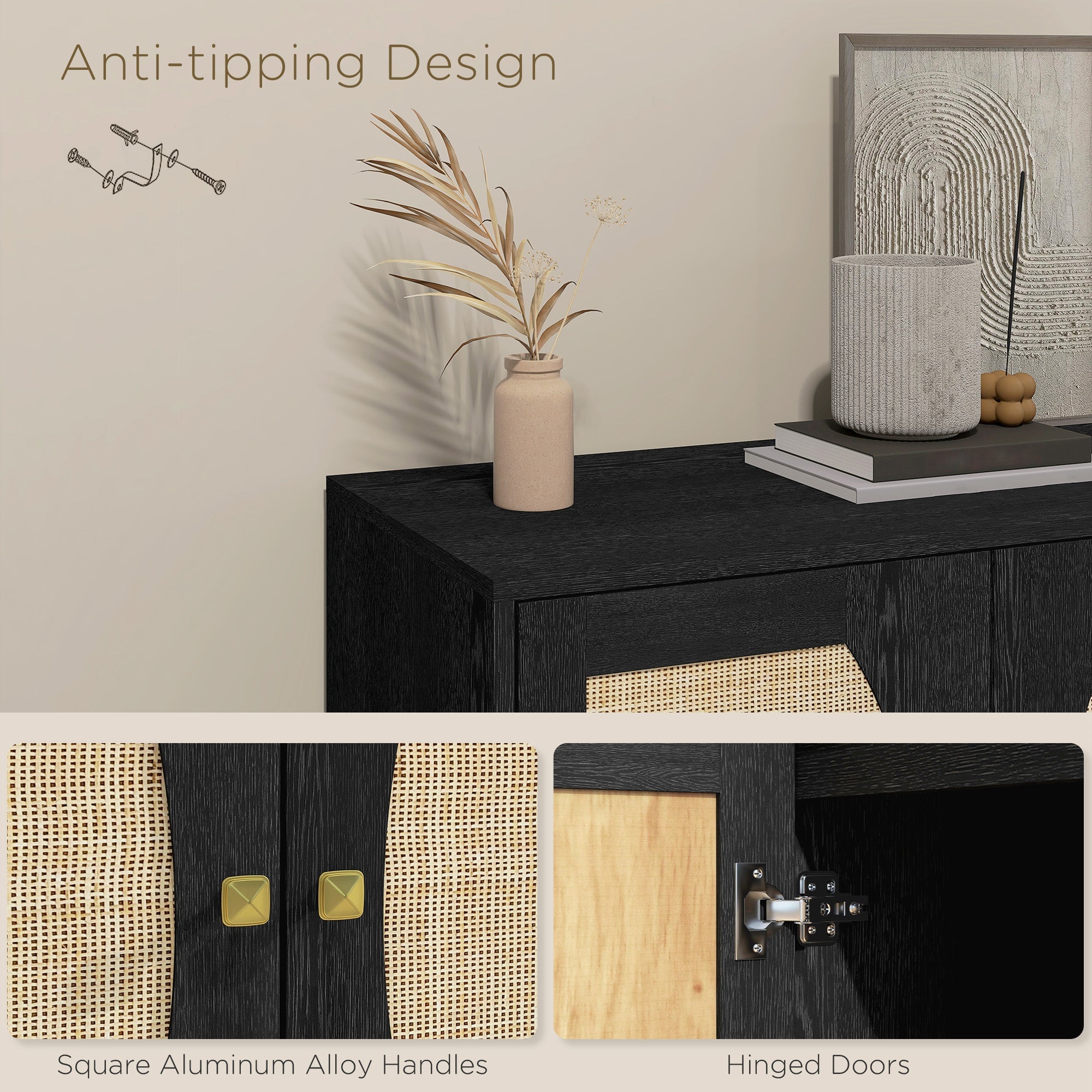 HOMCOM Boho Black TV Stand Cabinet: Buffet with Rattan Doors, Adjustable Shelf & Space for TVs up to 42 Inches