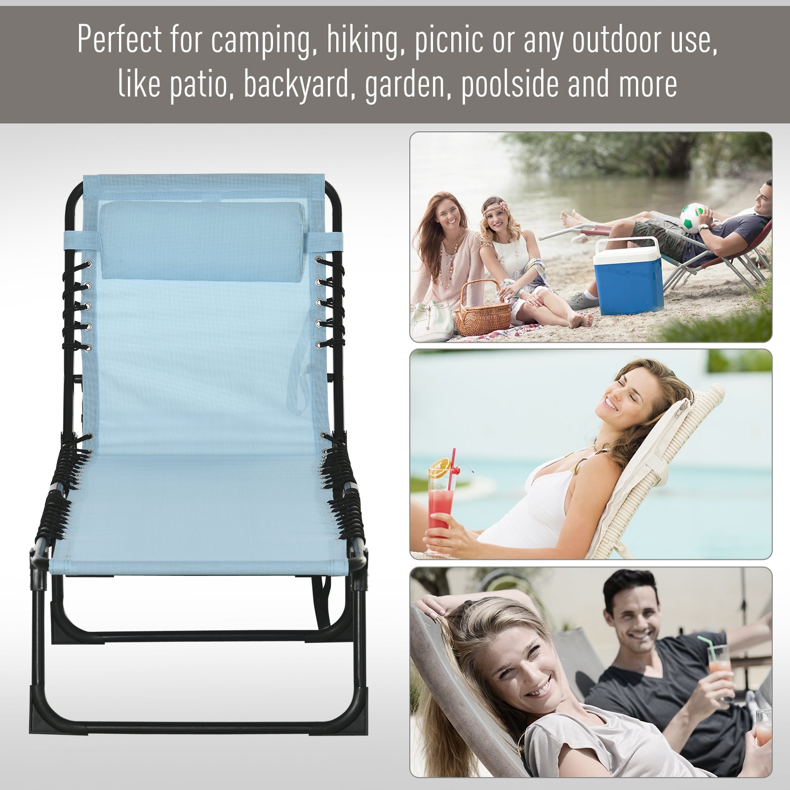 Outsunny Adjustable Folding Beach Bed 4-Level Reclining Lounger Lightweight Portable Camping Light Blue