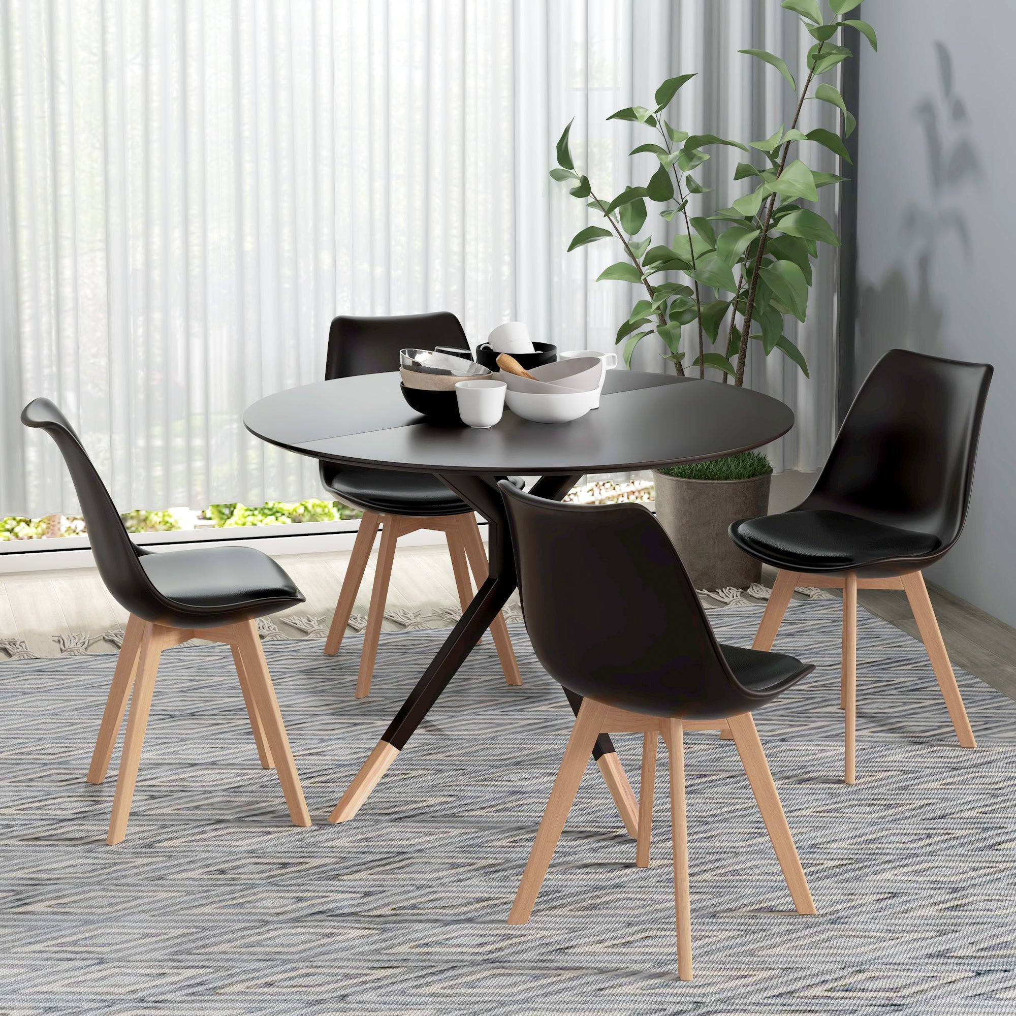 HOMCOM Modern Set of 4 Rubber Wood Dining Chairs PU Leather Cushion for Kitchen Living Room Bedroom