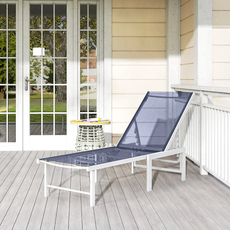 Outdoor Lounge Chair, 5-Position Reclining Outdoor Chaise Lounge Tanning Chair with Mesh Seat, Dark Blue