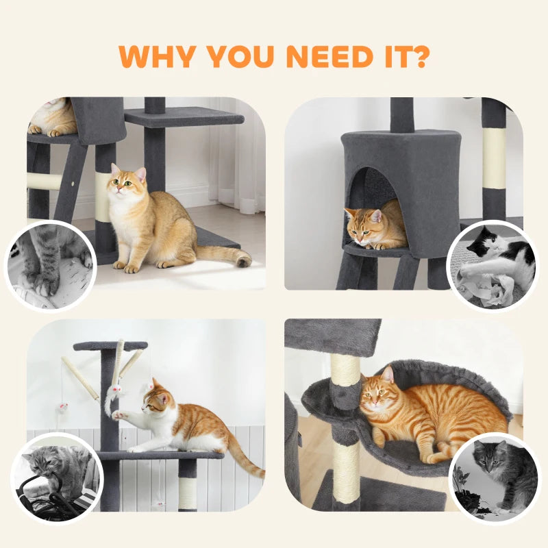 53" Cat Tree Tower, Kitten Activity Centre with Scratching Posts, Condo, Perches, Ladder, Hammock, Dangling Toys, Dark Grey