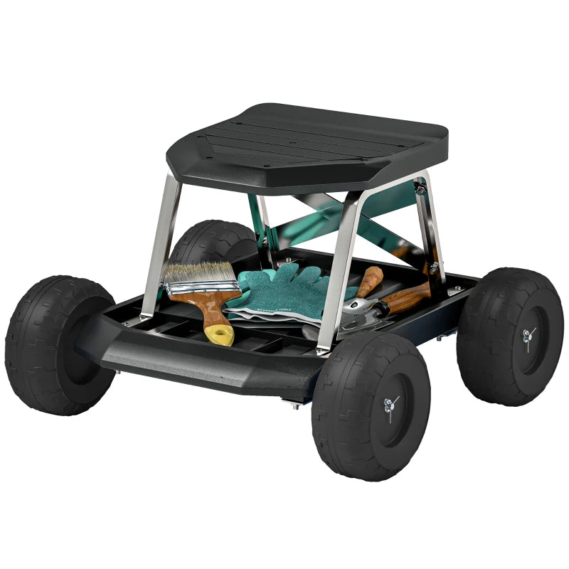 Garden Seat with Wheels, Rolling Garden Stool with Tool Tray, Cart for Outdoor Work, 19.7" x 19.3" x 12.6", Black