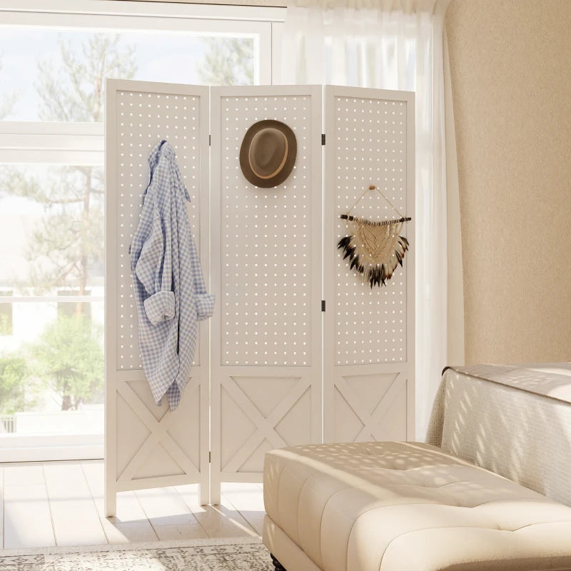 56.9" 3 Panel Wooden Room Divider with Pegboard Display, Folding Privacy Screen for Home Office, White