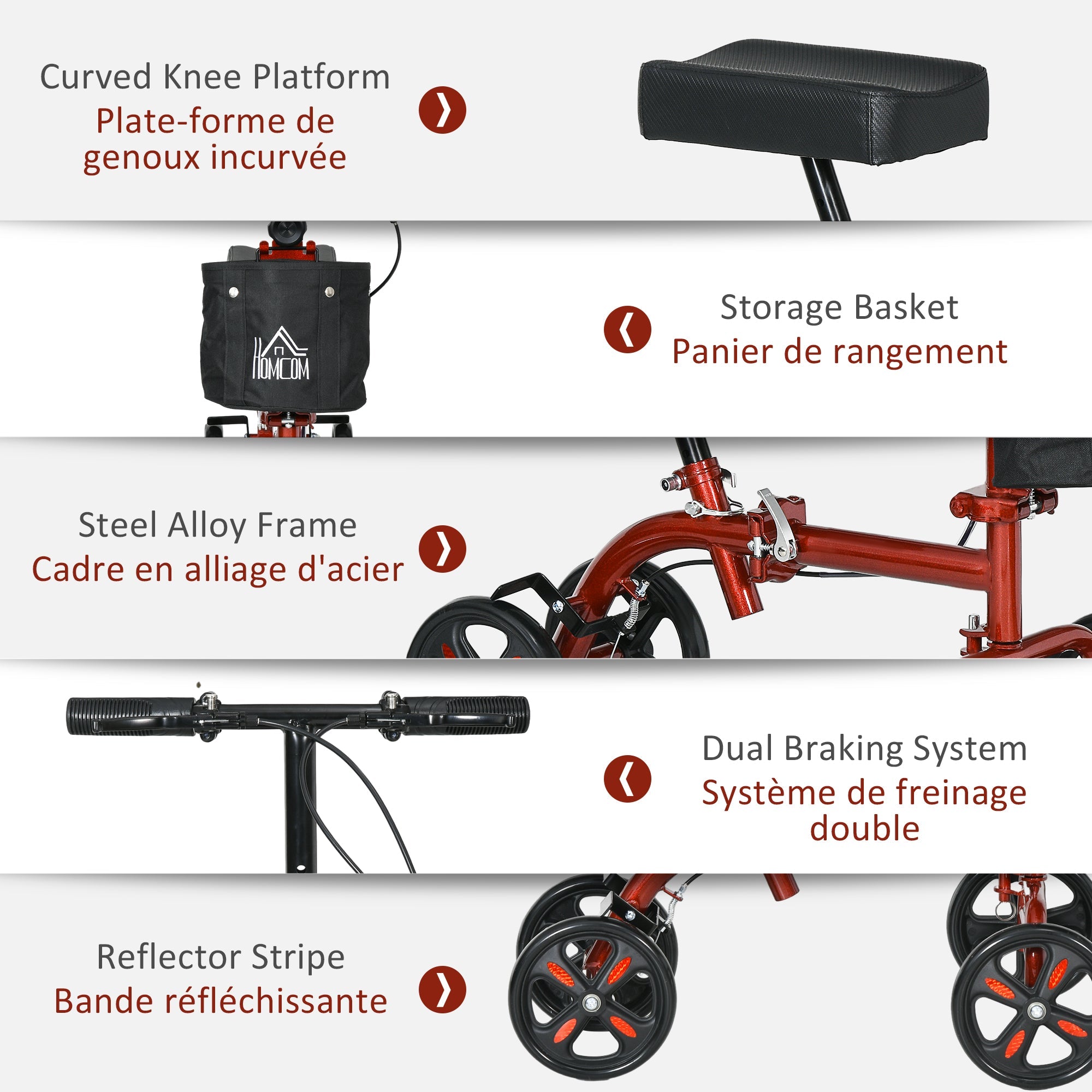 HOMCOM Foldable Knee Scooter Steerable Walker Dual Brakes Adjustable Height Crutch Alternative Mobility Aid Red