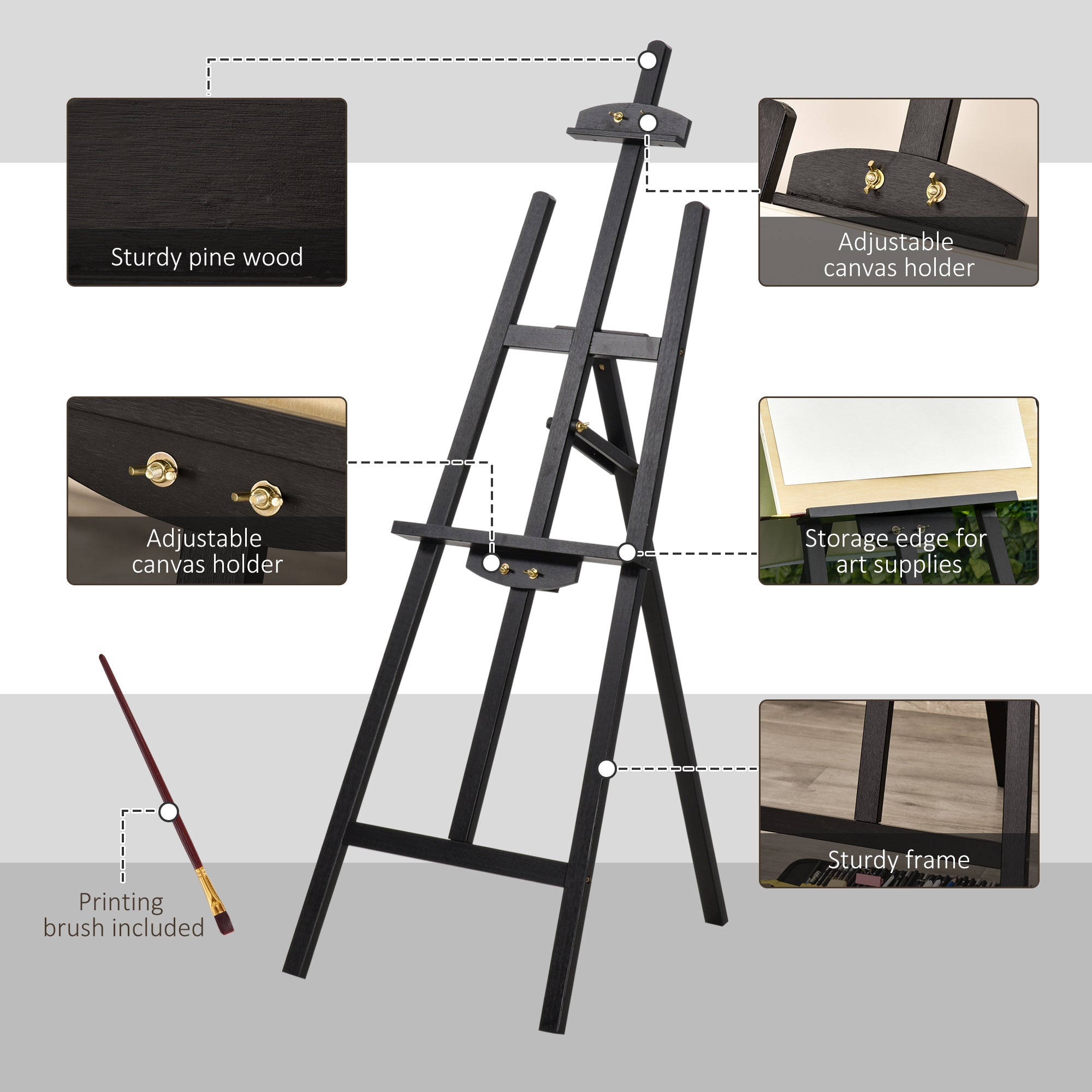 HOMCOM Art Easel Stand 55" Beech Wood Adjustable Folding Tilts 90° Sturdy Material Black Artist Studio