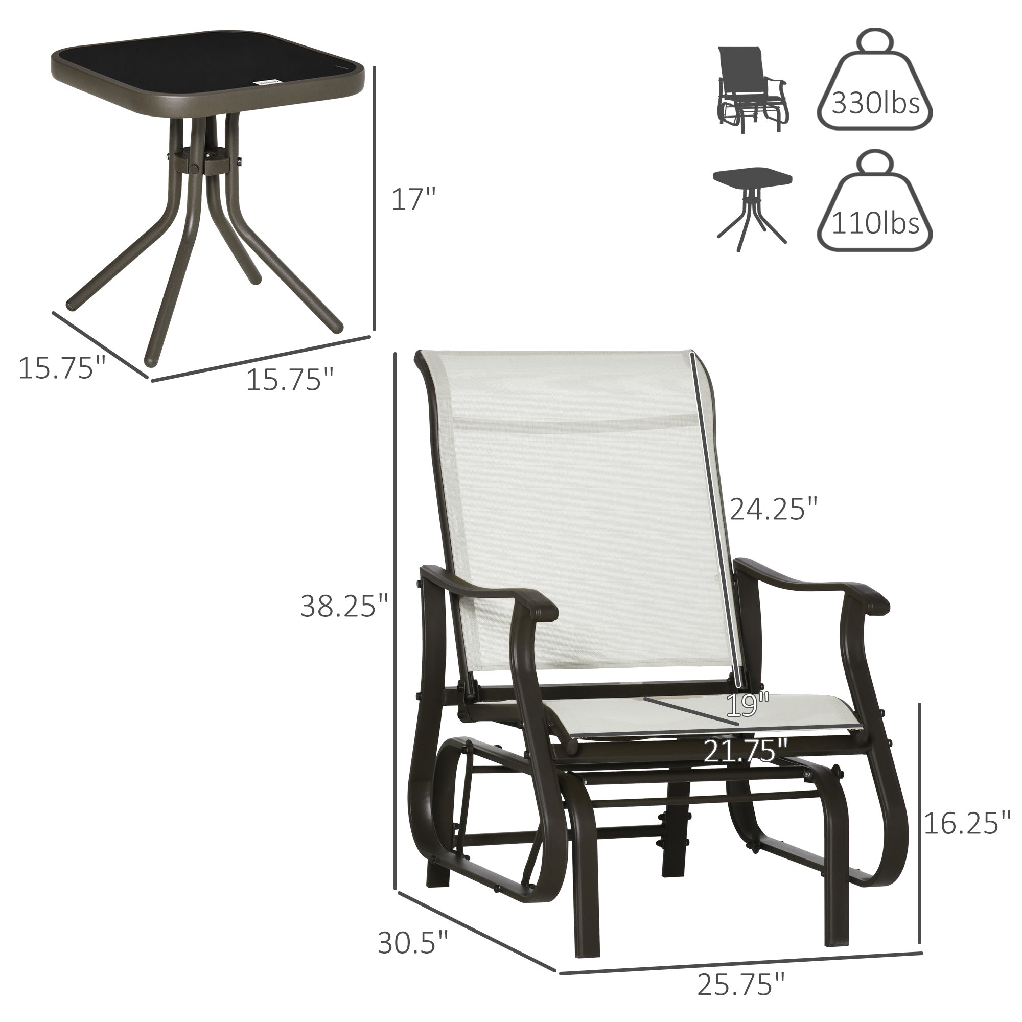 Outsunny 3PCs Gliding Chair Set with Bistro Square Glass Top Tea Table 2 Glider Rocking Chairs Garden Patio Cream White