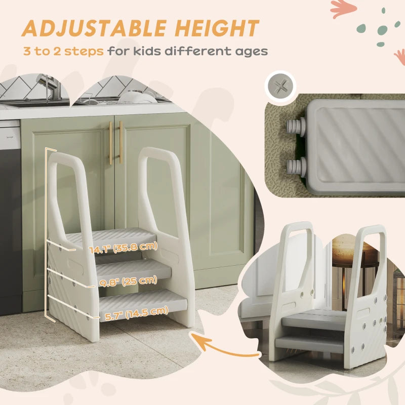 Qaba Adjustable Height Toddler Step Stool with Handle & Foot Pads, Grey