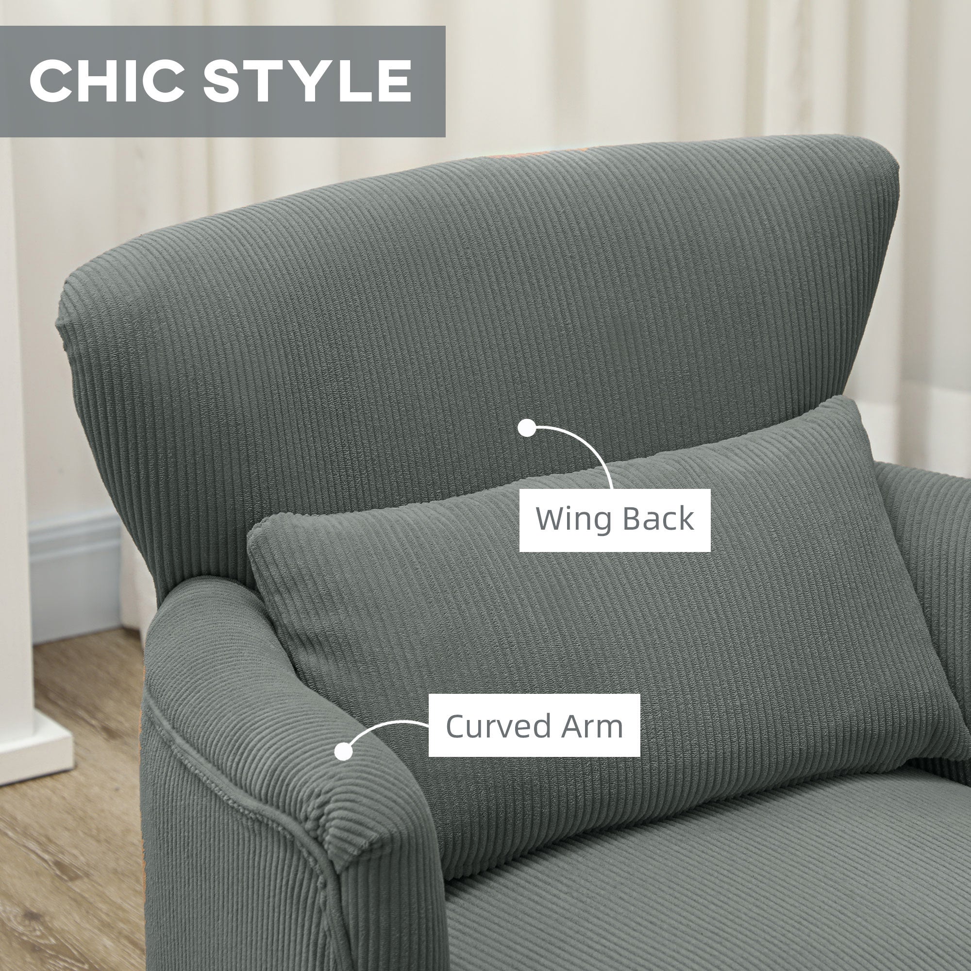 HOMCOM Modern Accent Chair, Upholstered Armchair with Solid Wood Legs and Lumbar Pillow for Living Room, Grey