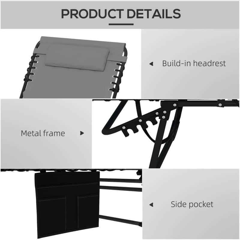 Folding Chaise Lounge with Reclining Back, 25.6" x 74" x 14.2", Grey