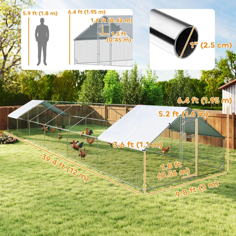 Metal Chicken Coop with Water- and UV-Protection Cover for Backyard Hen, Duck, Rabbit, 39.4' x 9.8' x 6.4'