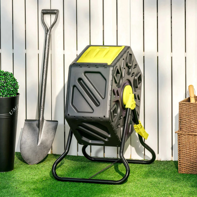 Rotating Composter, Compost Bin with 24 Vents and Steel Legs, 17 Gallon, Yellow