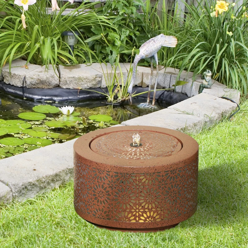 Outdoor Water Fountain with LED Lights, 10" Tall Garden Waterfall Fountain with Adjustable Flow, Brown