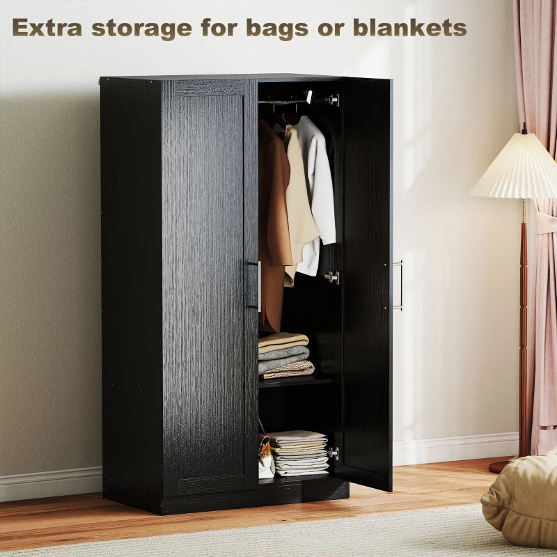 Wardrobe Cabinet with 2 Doors and Hanging Rod, Modern Armoire Wardrobe Closet for Bedroom, Black Wood Effect