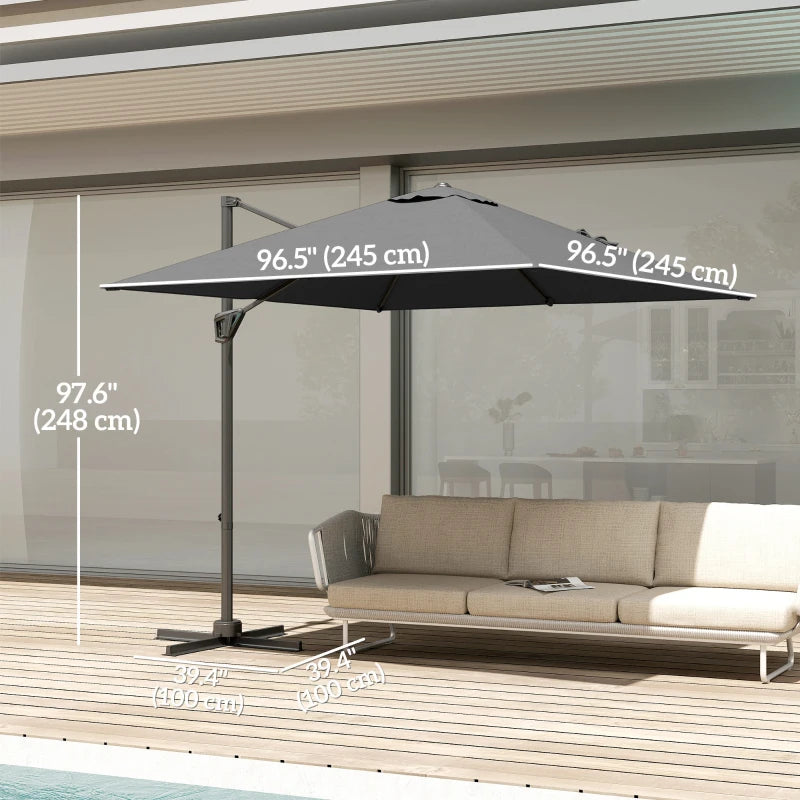 8'x8' Square Patio Hanging Offset Umbrella, Outdoor Cantilever Parasol w/ Cross Base, Dark Grey
