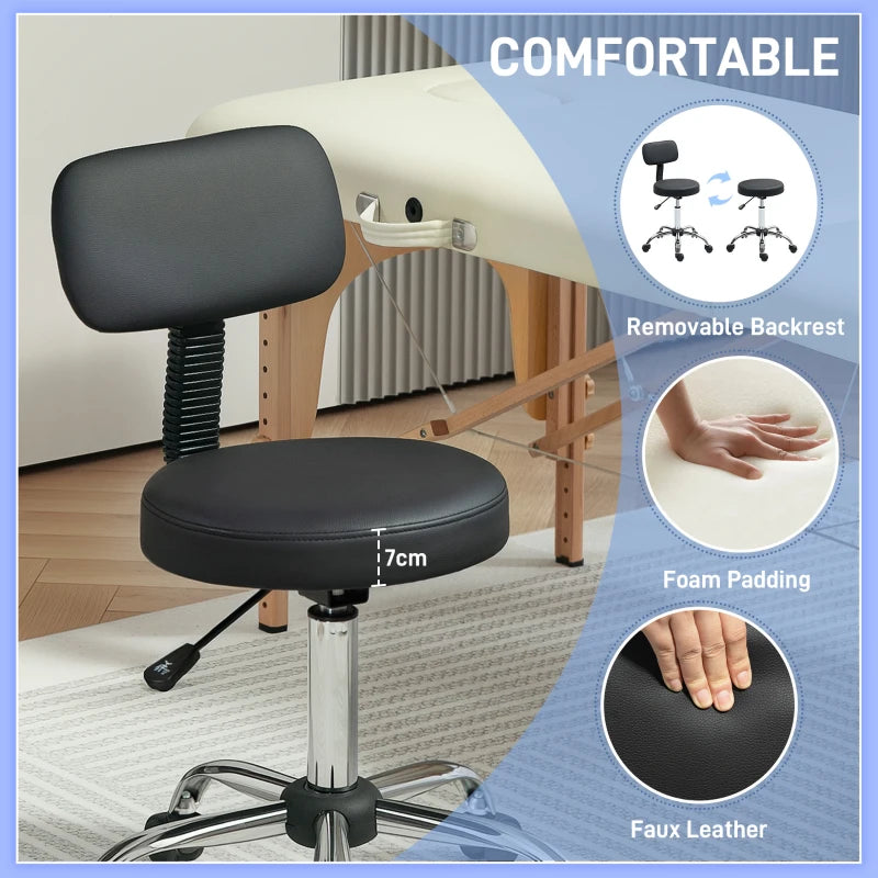 Adjustable Rolling Stool with Removable Backrest, Faux Leather Swivel Stool Chair for Salon Spa, Bar, Massage, Black