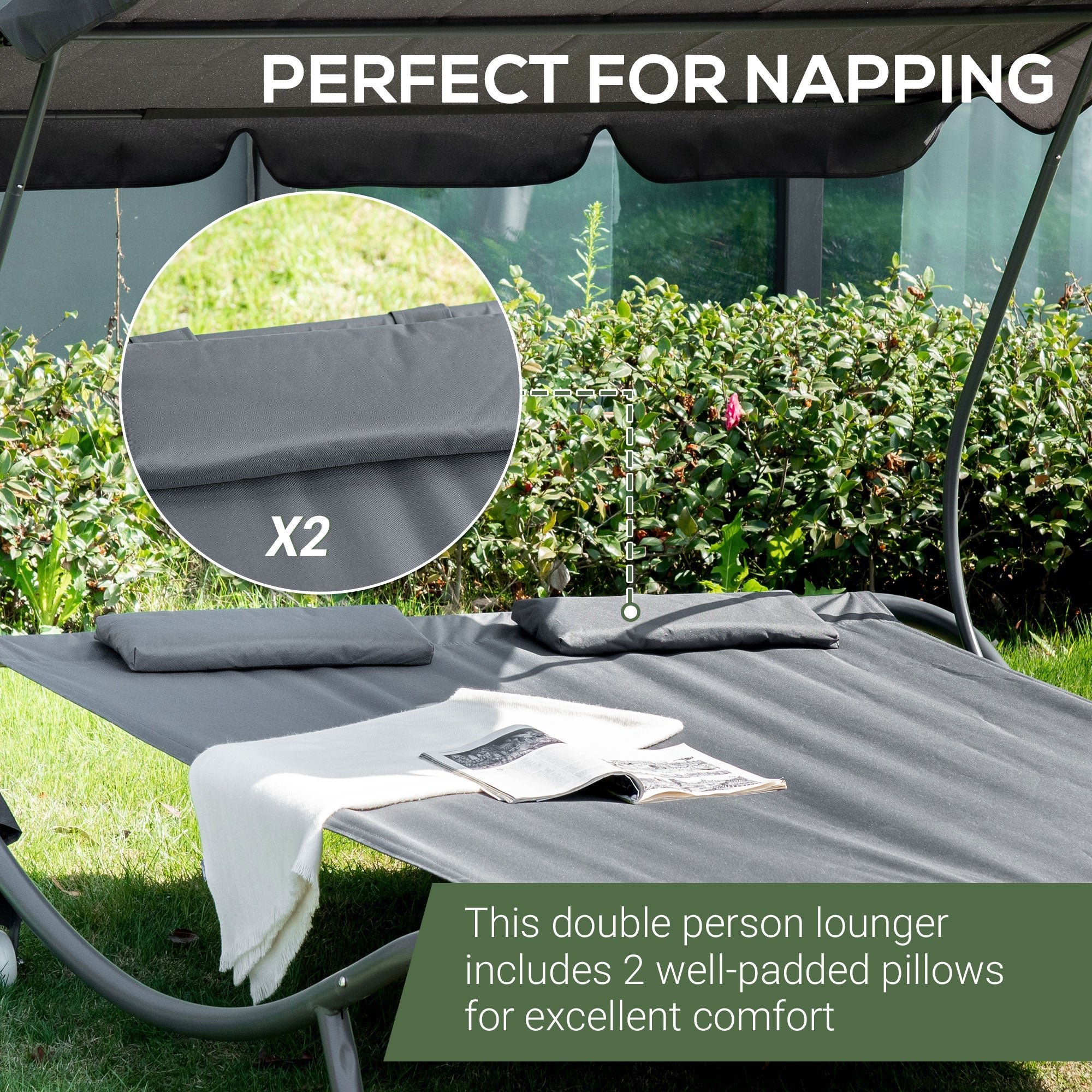 Outsunny Patio Double Chaise Lounge Chair Outdoor Daybed with Canopy Headrest Pillows Grey