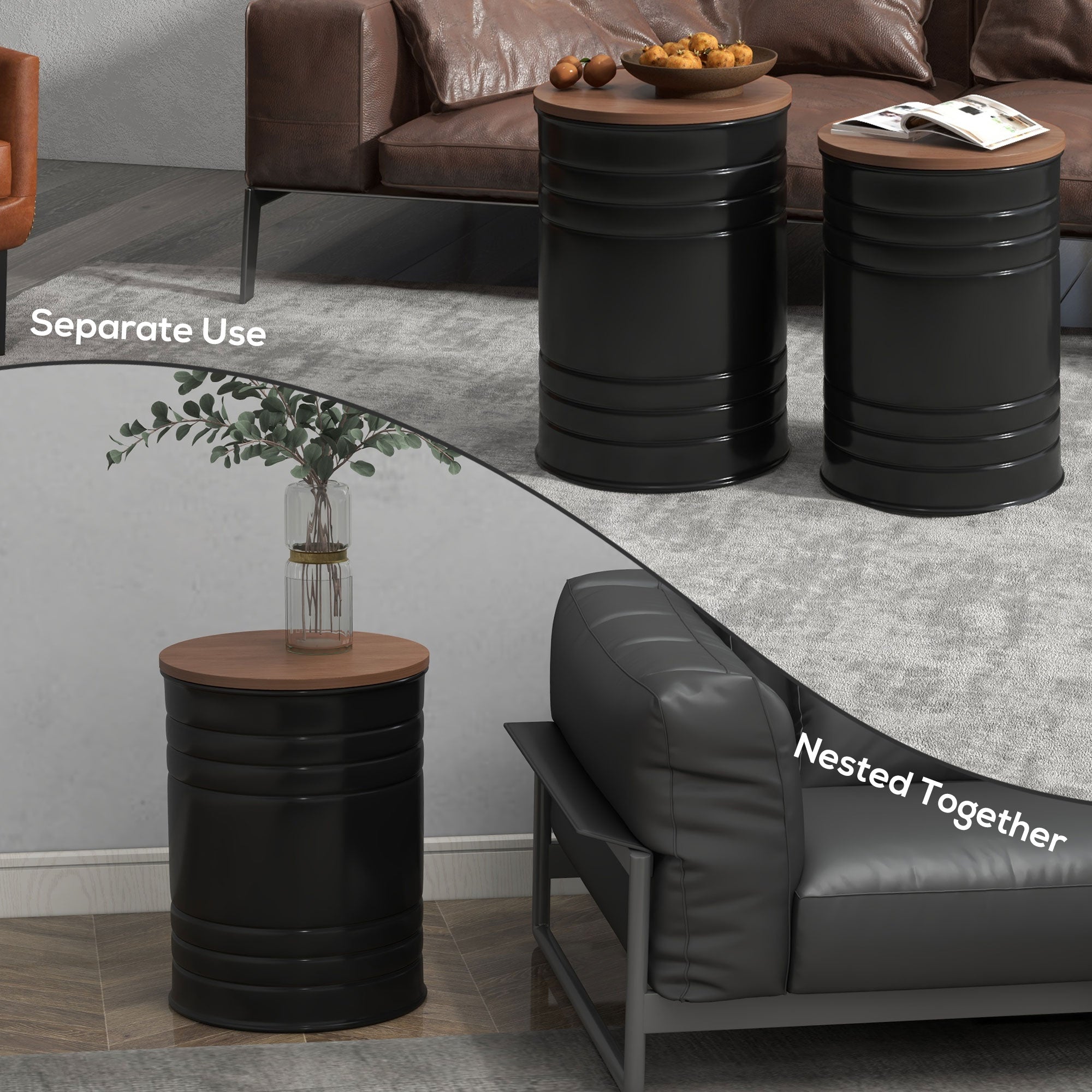 HOMCOM 2 Piece Round Side Table Set Nesting Coffee Tables Wooden Top Metal Frame Hidden Storage Bedroom Furniture