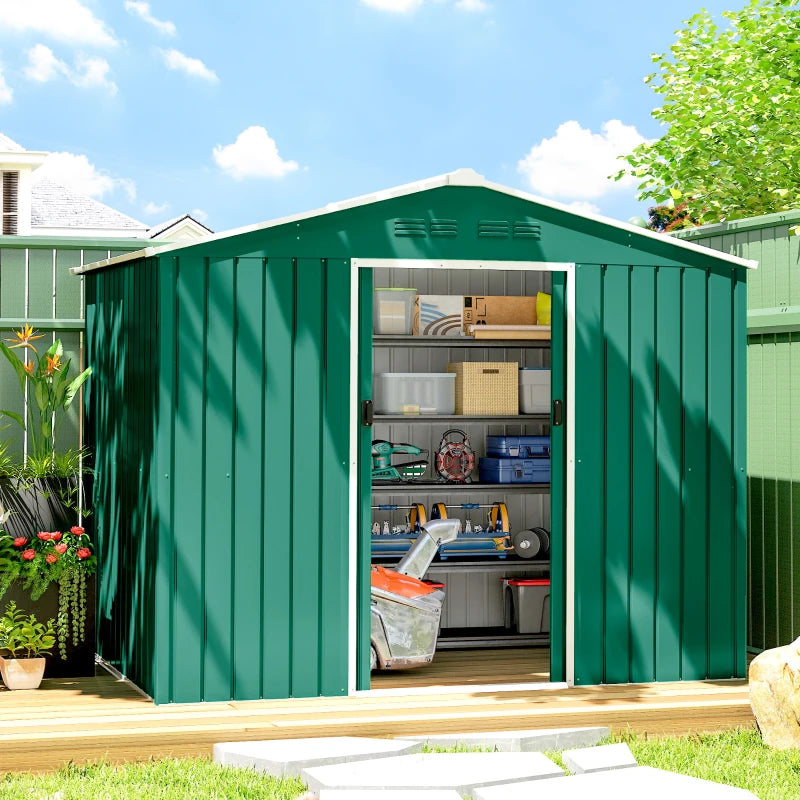 8' x 6' Outdoor Storage Shed, Metal Garden Tool Storage House with Lockable Sliding Doors and Vents, Green