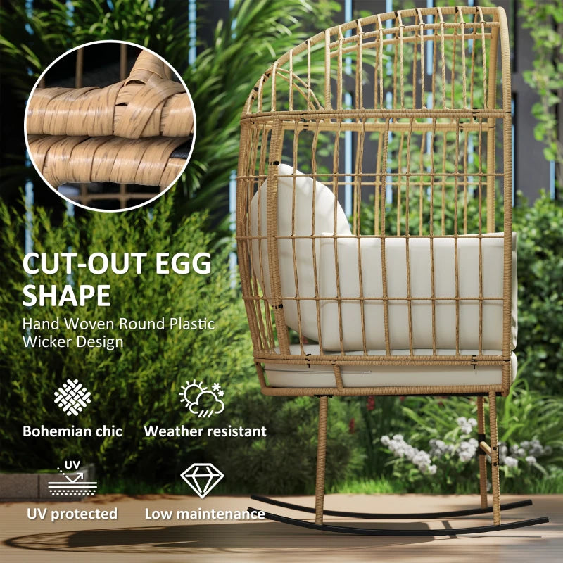 Oversized Rocking Chair, Indoor Outdoor Egg Chair w/ Thickened Cushions, Wicker Patio Lounger for Porch, Balcony, Beige