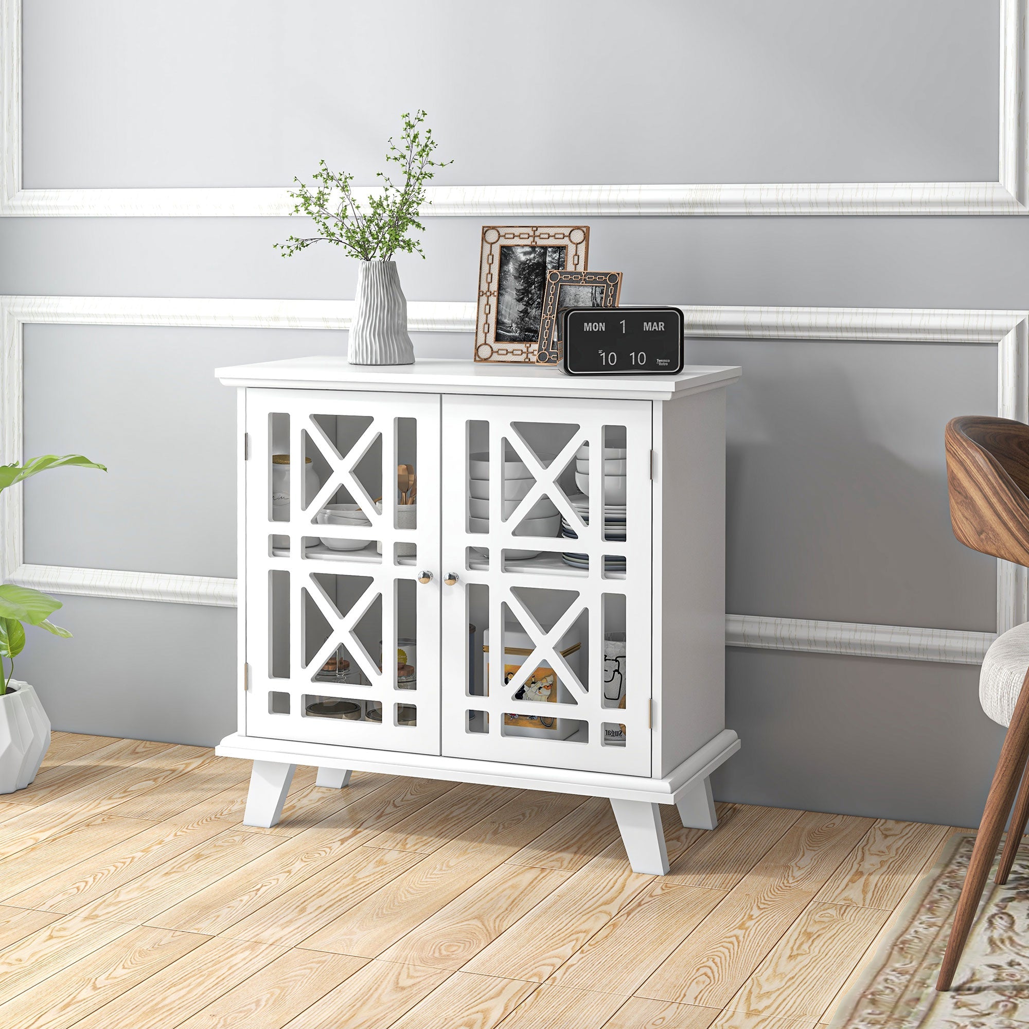 HOMCOM Modern Storage Cabinet with Fretwork Doors Shelf White Freestanding Sideboard Buffet for Contemporary Dining Living Room