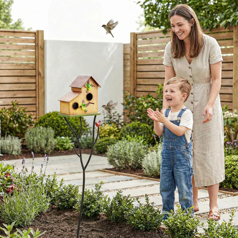 57" Outdoor Bird House with Pole, Metal Bird Houses for Outside, Double-Hole Birdhouse Outdoor Decoration, Yellow