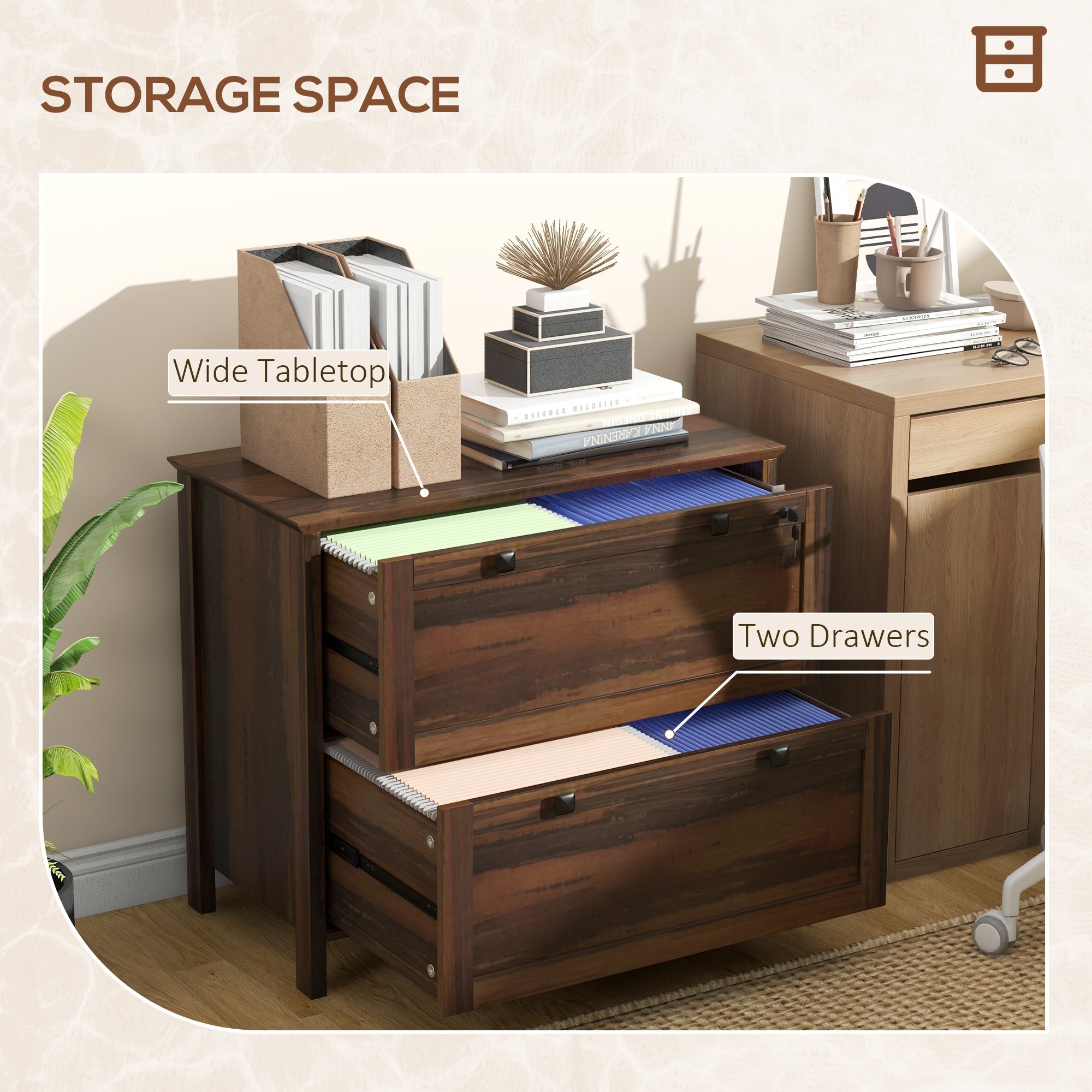 HOMCOM 2 Drawer File Cabinet, Lockable Filing Cabinet with Adjustable Hanging Bar for Letter, A4 and Legal Size, Brown
