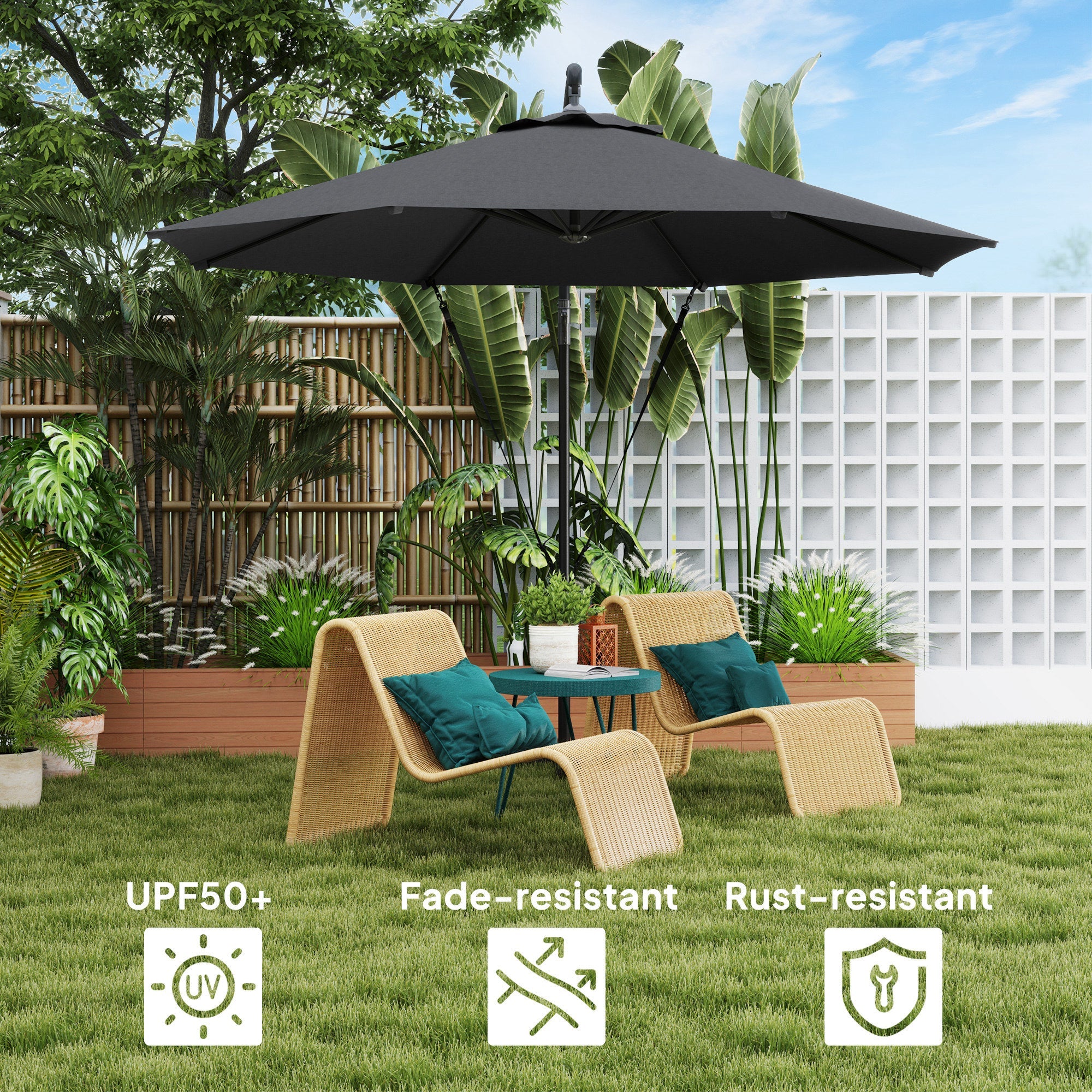 Outsunny 9.5' Cantilever Umbrella with Wind Protection Strap and Cover, Hanging Umbrella with Crank and Cross Base, UPF 50+, Grey