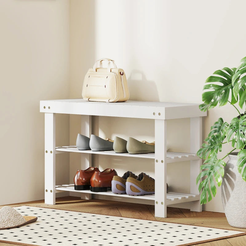 Bamboo Shoe Storage Bench, 3-Tier Entryway Bench with 2 Storage Shelves for Hallway, Holds 6 Pairs, White