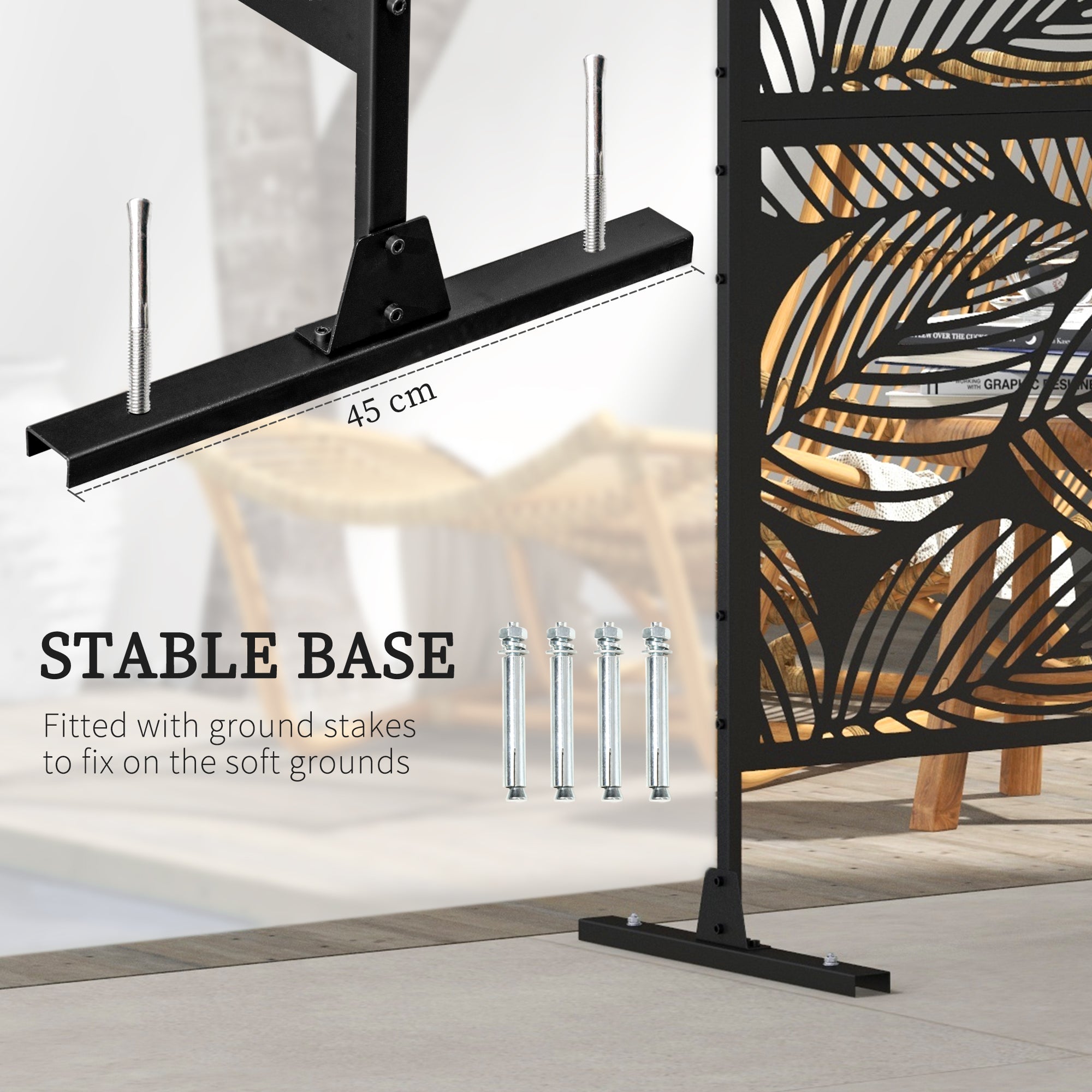 Outsunny 6.5FT Metal Privacy Screen, Decorative Outdoor Divider with Leaf Design, Black - Add Privacy & Style