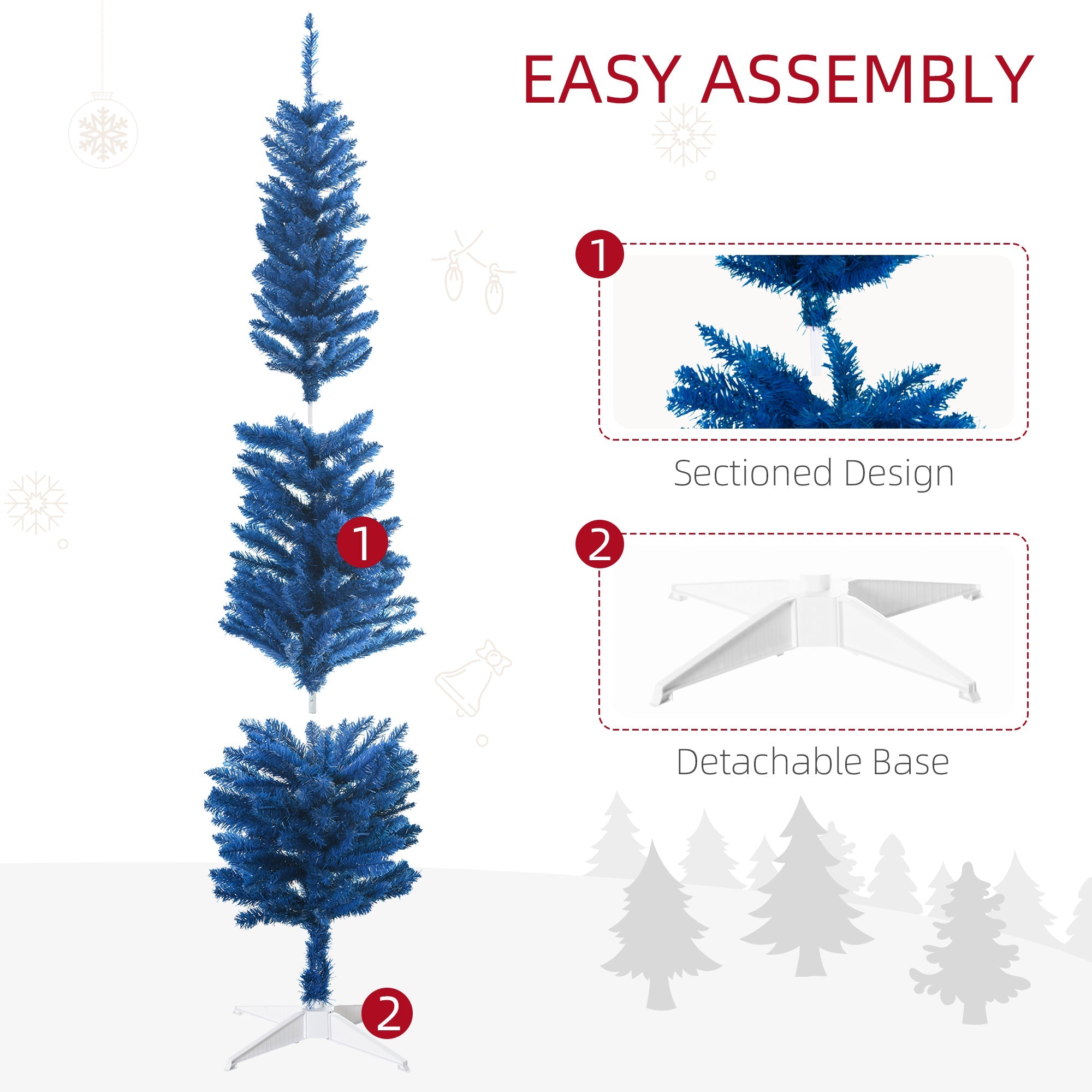 HOMCOM 6ft Deep Blue Pencil Christmas Tree, Slim Artificial Xmas Holiday Decor, Easy Setup