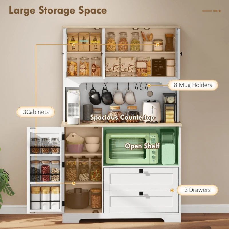 Kitchen Pantry Cabinet, 64" Tall Kitchen Hutch with 3 Cabinets, 2 Drawers, Adjustable Shelves, Microwave Stand, White