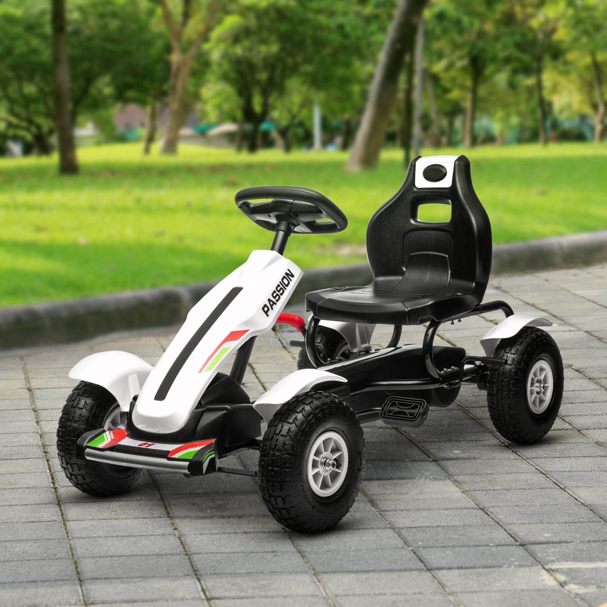 Aosom Kids Pedal Go Kart, White Pedal Car with Adjustable Seat, Handbrake, Rubber Wheels for Ages 5-12 - Active Play