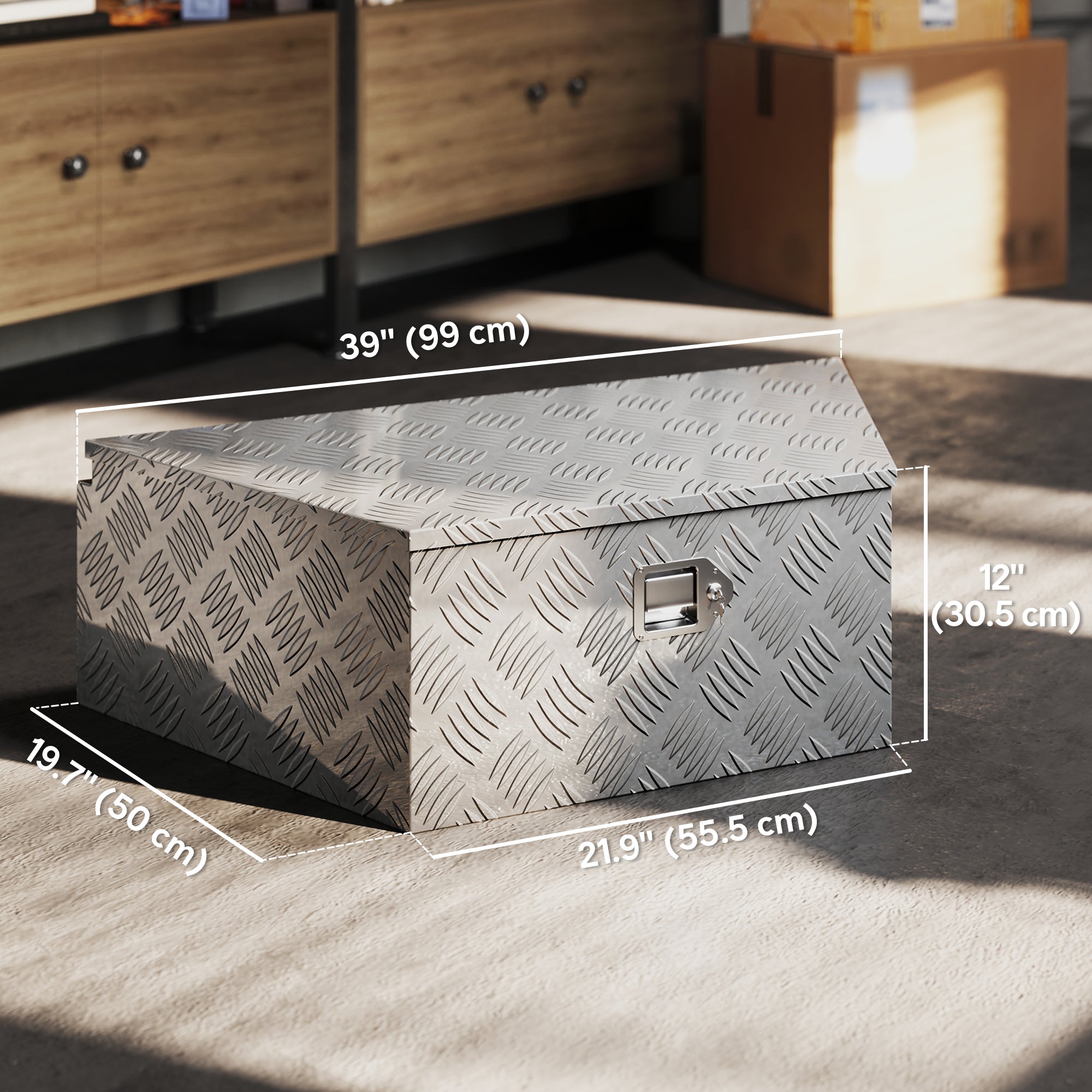 HOMCOM 39" Trapezoid Truck Tool Box Heavy Duty Aluminum Trailer Tongue Box with Lock and Keys for Pick Up Truck RV Trailer