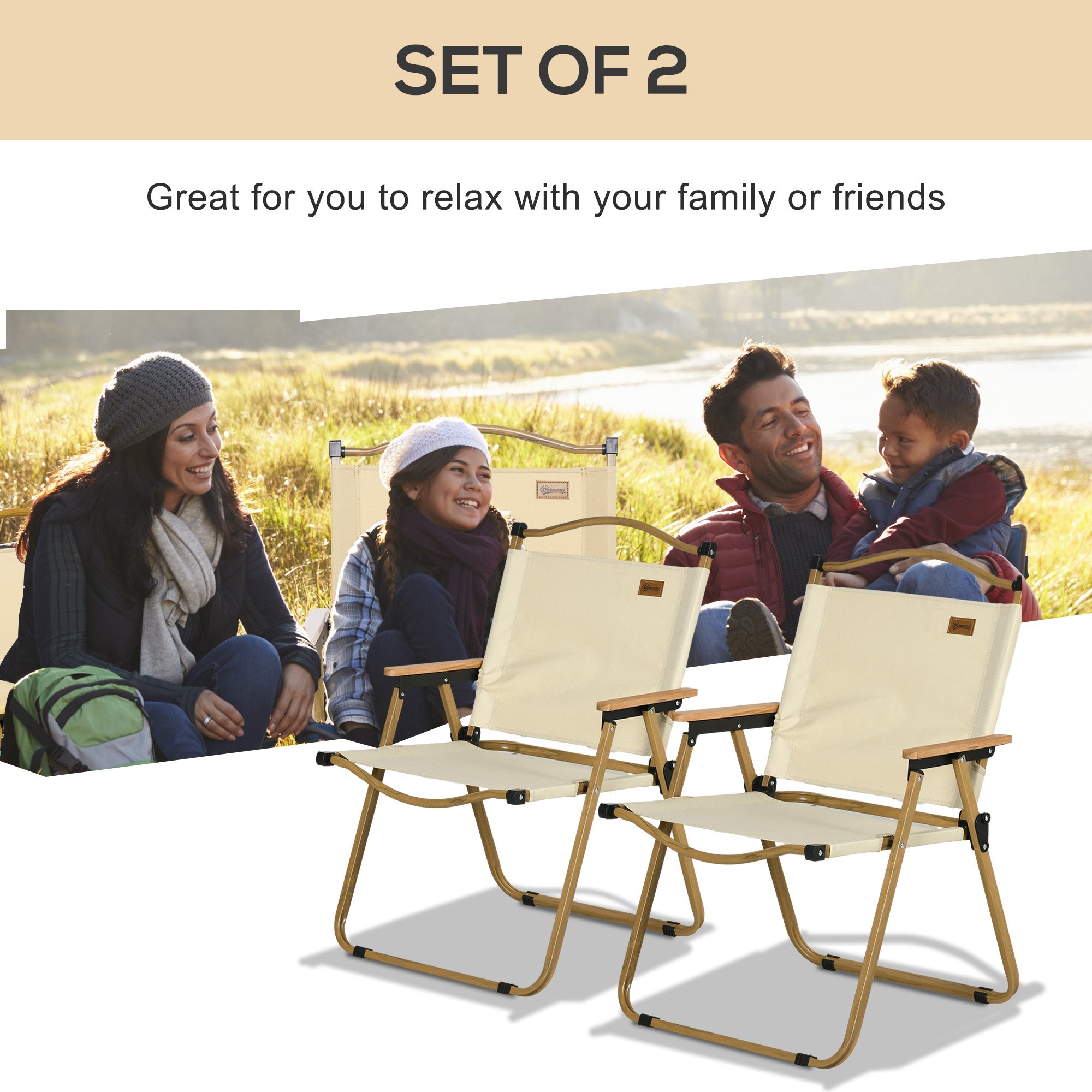 Outsunny 2 Pack Camping Chairs Lightweight Folding Armchairs Portable for Festivals Fishing Beach Hiking Beige