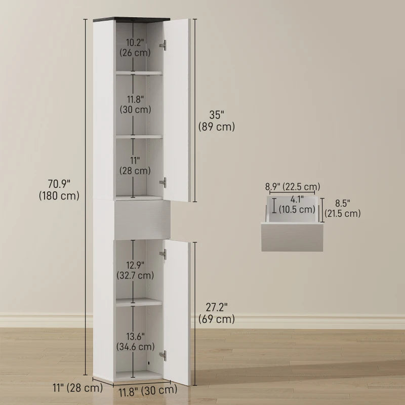 Tall Bathroom Cabinet with 2 Cupboards and Drawer, Slim Bathroom Storage Cabinet with Adjustable Shelves, White