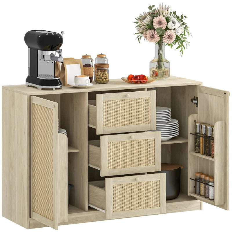 Boho Sideboard Buffet Cabinet, Kitchen Coffee Bar Cabinet with 3 Drawers, 2 Adjustable Shelves and 4 Racks, Natural