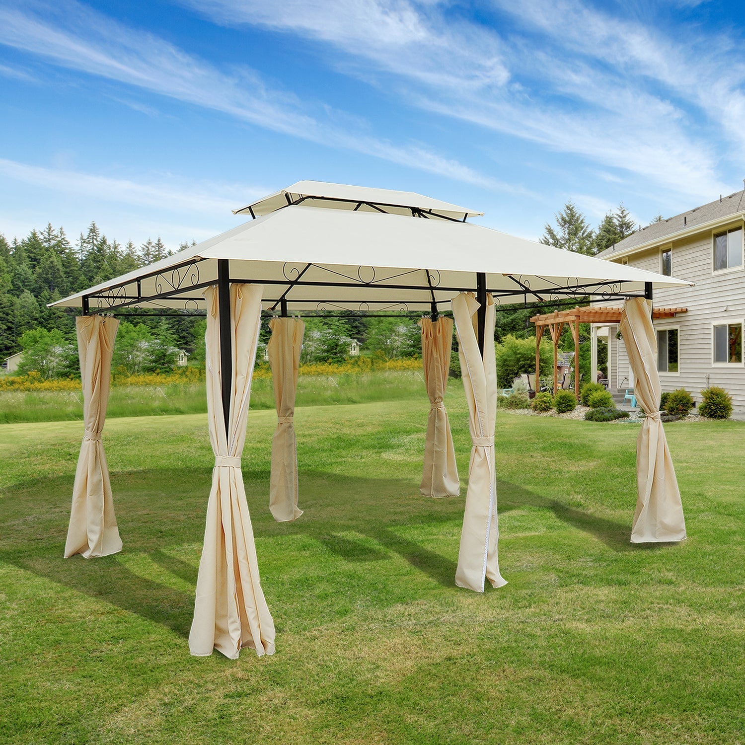 Outsunny 13'x 10' Soft-top Backyard Gazebo 2-Tiers Garden Canopy Sunshade Shelter with Curtains, Cream White