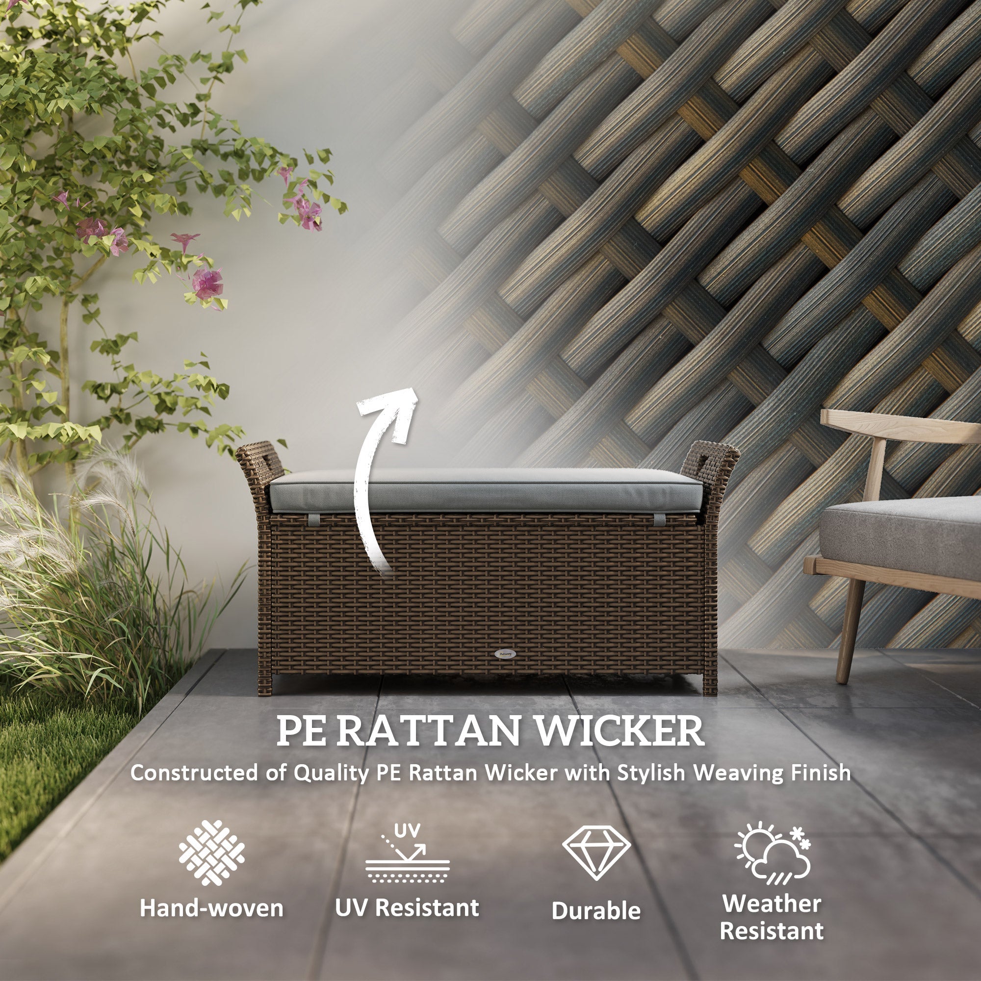 Outsunny 2-In-1 Rattan Storage Bench 27 Gallon Outdoor Wicker Furniture Box w/ Handles Cushion Dark Grey
