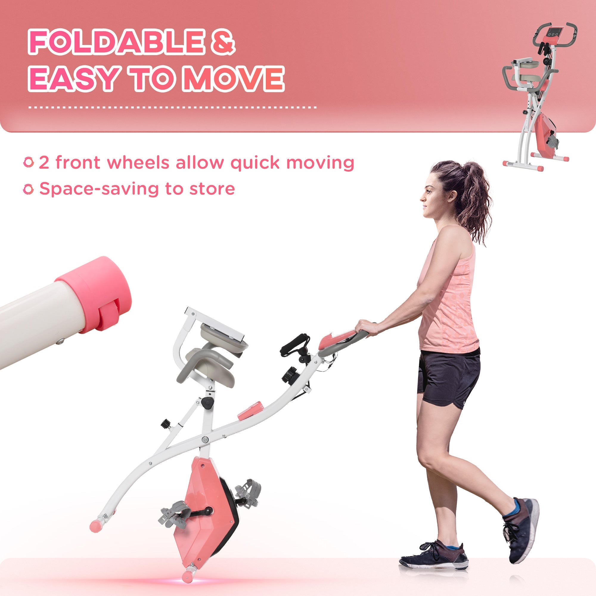 Soozier 2 in 1 Upright Stationary Exercise Bike Foldable Magnetic Recumbent Cycling with Arm Resistance Bands Pink