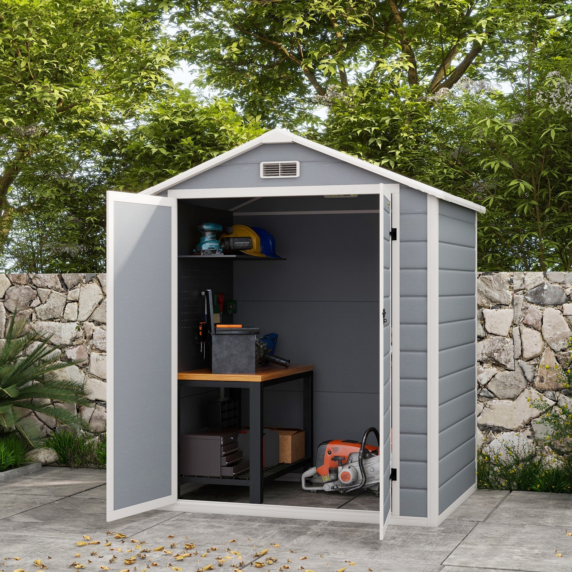 Outsunny 6x4.5FT Plastic Shed, Lockable Garden Tool Storage House with Double Doors and Vent, Grey