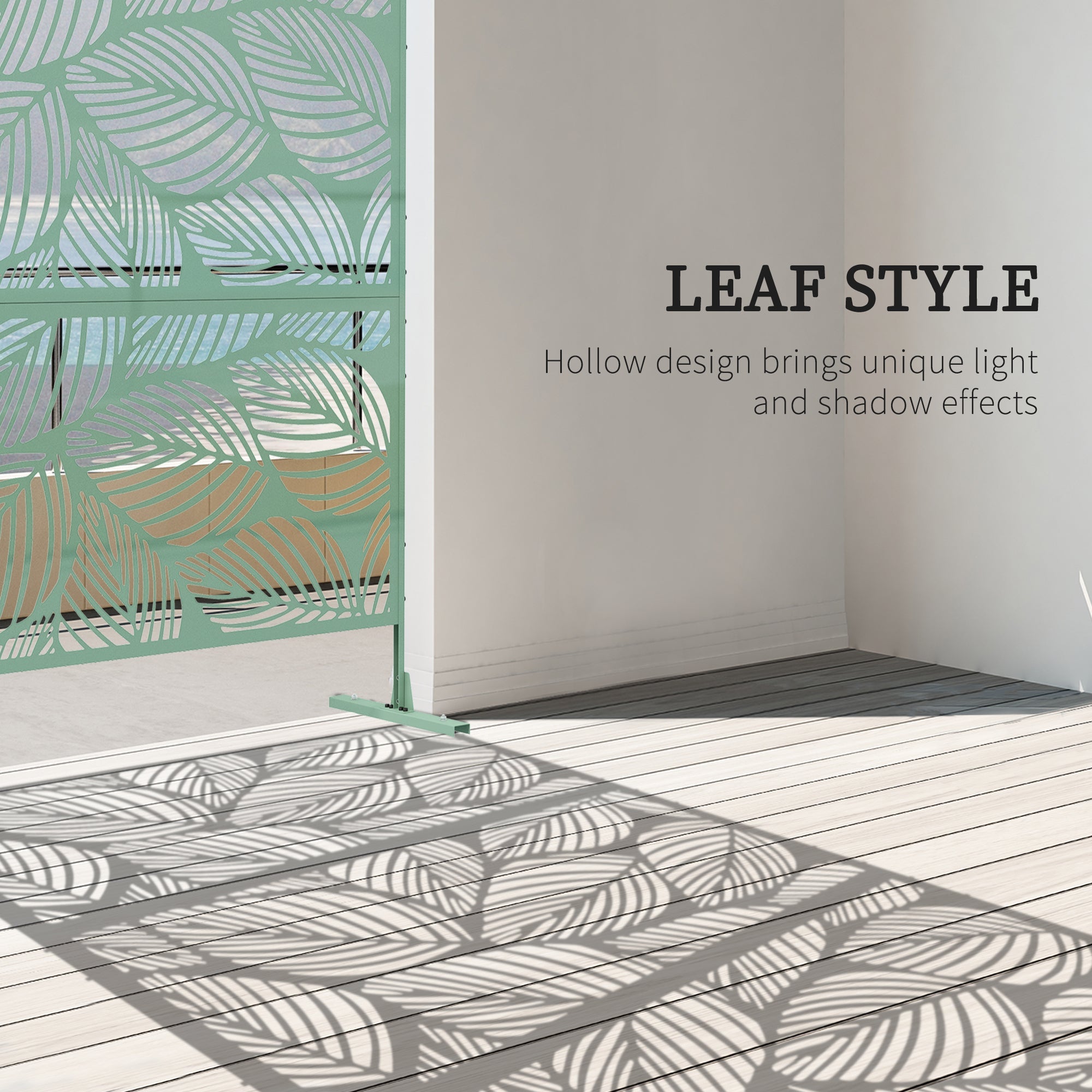 Outsunny 6.5FT Decorative Outdoor Divider, Metal Privacy Screen with Stand, Leaf Style, Light Green