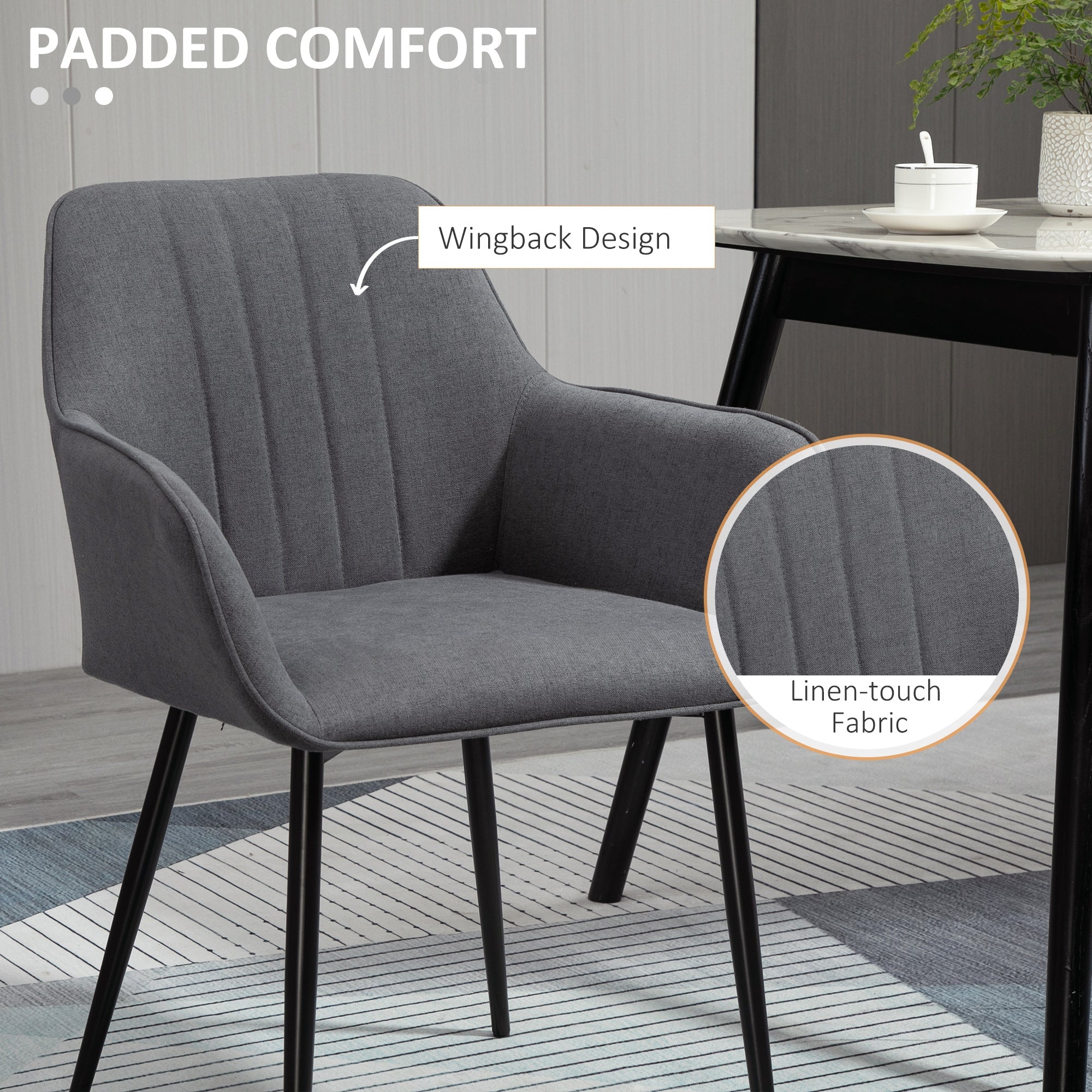 HOMCOM Dining Chairs Set of 2 Linen Upholstery Accent Chair Back Armrest Metal Legs Comfortable Dark Grey