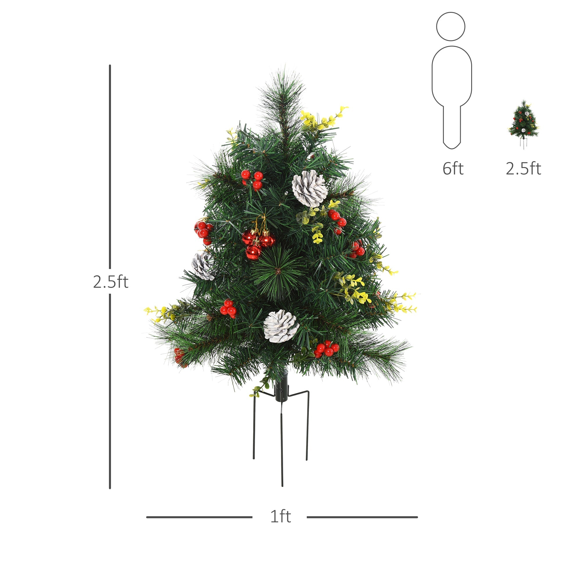 HOMCOM 2.5ft Twin Pack Prelit Mini Artificial Christmas Trees with LED Lights, Berry, Pine Needles & Pinecones Decor