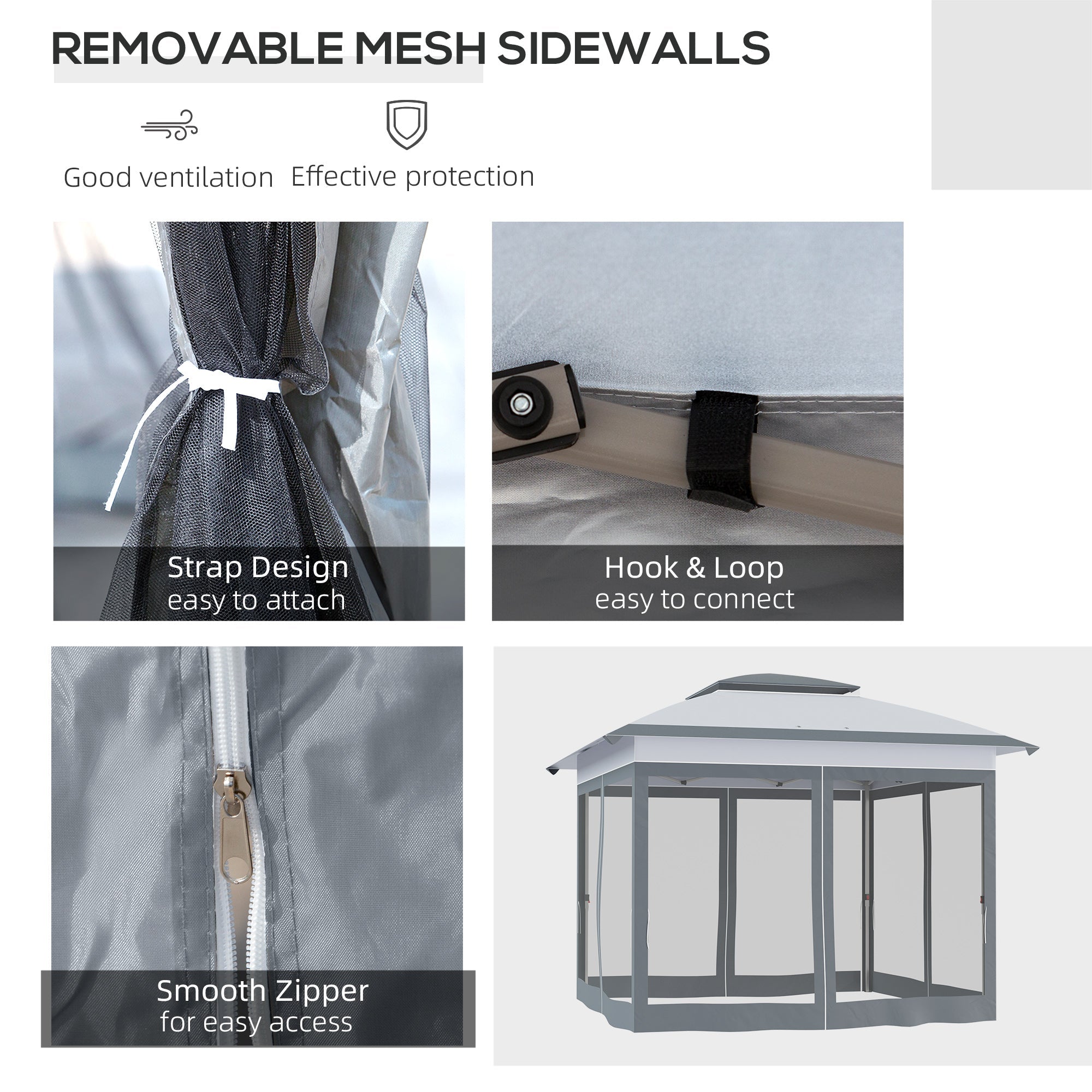 Outsunny Pop Up Canopy 12'x12' Sun Shade Tent with Mesh Sidewalls Adjustable Height Storage Bag Grey