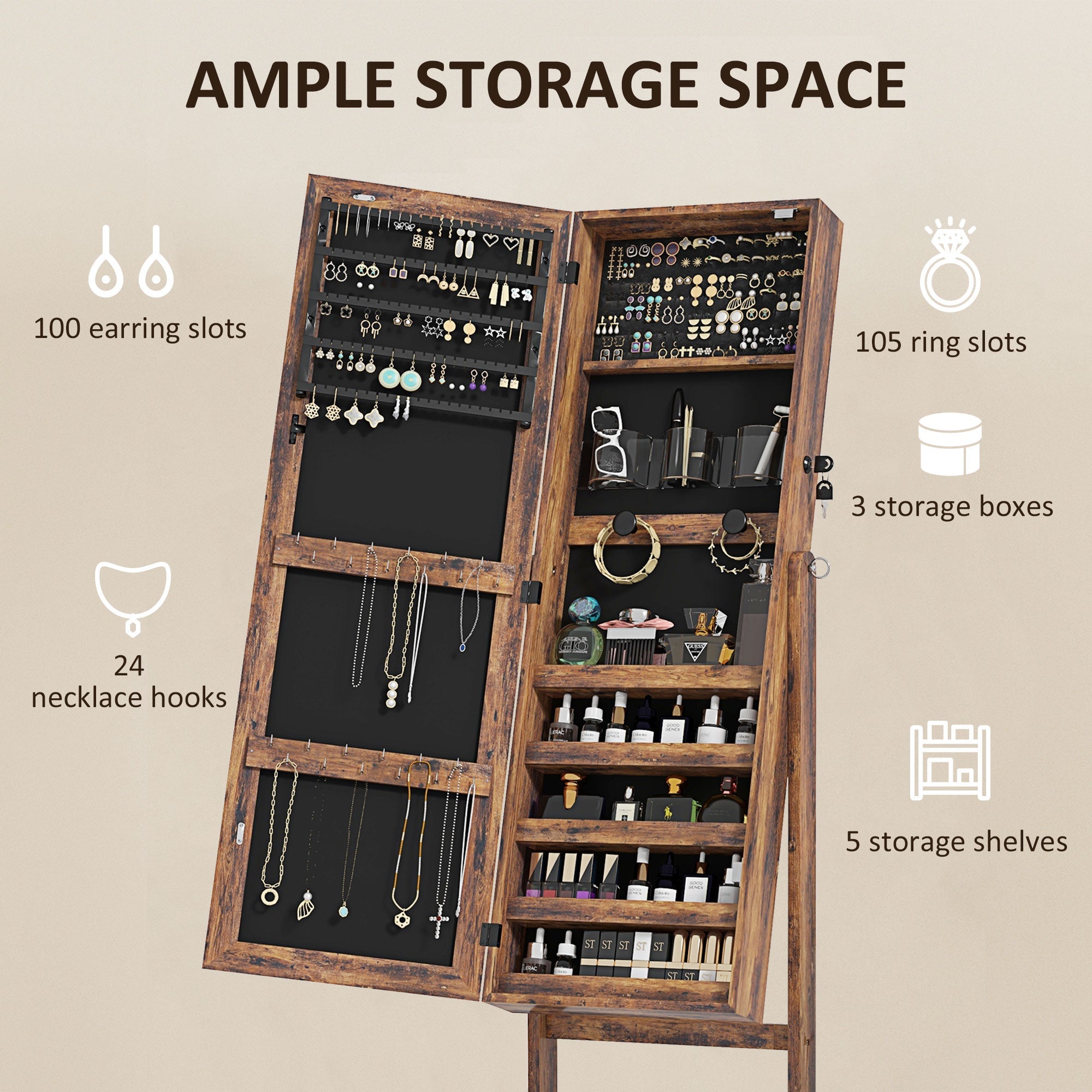 HOMCOM Lockable Jewelry Armoire with LED Light Standing Mirror with Storage for Bedroom Dressing Room Rustic Brown