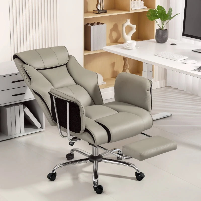 Reclining Office Chair, Overstuffed Executive Desk Chair with High Back, PU Leather, Footrest, Swivel Wheels, Grey