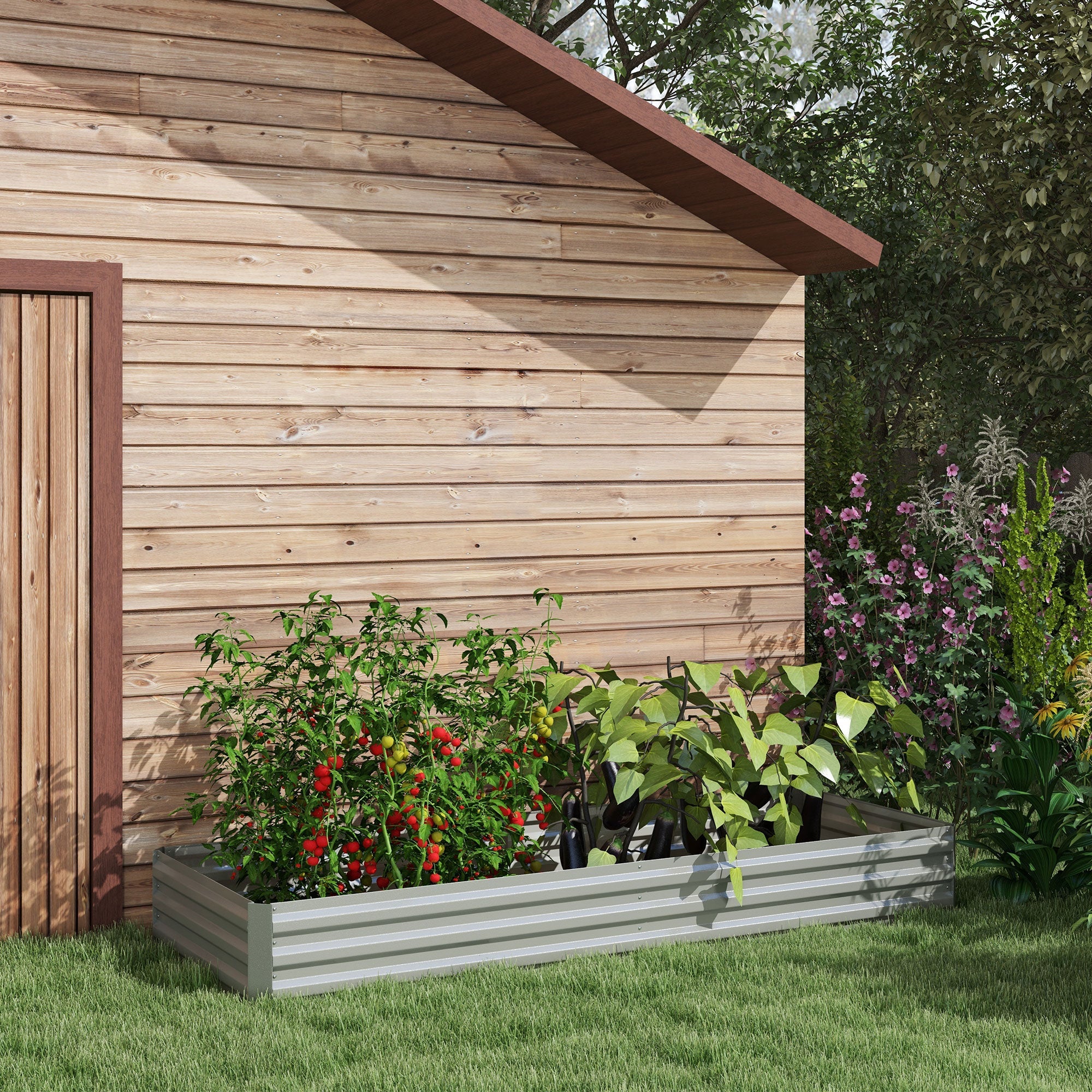 Outsunny 95"x36"x12" Galvanized Raised Garden Bed Metal, Elevated Planter Box for Flowers, Herbs, in Silver