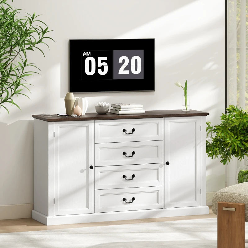 Farmhouse Sideboard with Charging Station, 58" Buffet Cabinet, Kitchen Storage Cabinet with 4 Drawers, 2 Doors, White