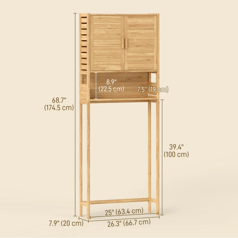 Over the Toilet Cabinet, Bathroom Organizer with 2 Doors, Open Compartment and Adjustable Shelf, Natural Wood Finish