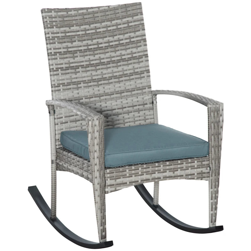Outdoor PE Rattan Rocking Chair, Garden Glider Rocking Chair, Wicker Patio Chair Set with Armrest and Cushion, Grey